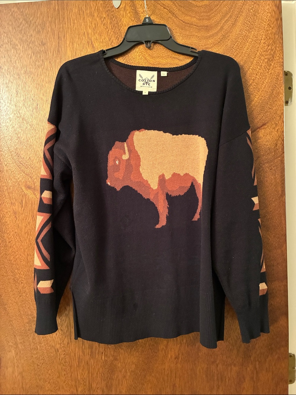 Navy Crewneck Sweater with Buffalo Motif